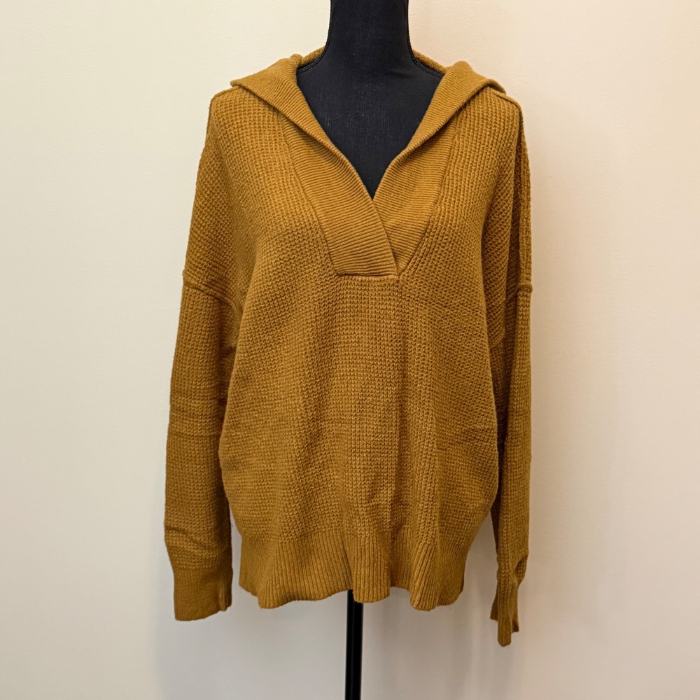 Aerie Womens Mustard Yellow Textured Knit Oversized VNeck Hoodie Sweater Women S
